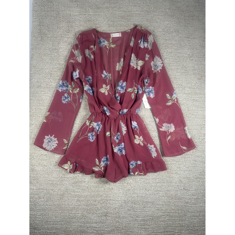 Altar'd State Deep Rose Floral Long Sleeve Romper Surplice V-Neck Small NWT